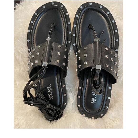 MICHAEL Michael Kors | Black Jagger Ankle-Tie Studded Leather Sandal | Size 7 - Picture 8 of 13